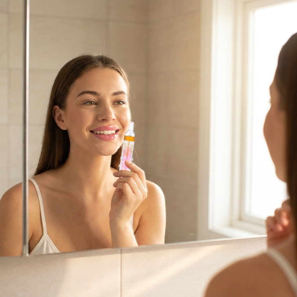 Banyo aynasında Lip Injection uygulayan kadın